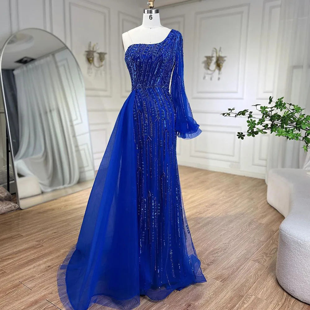 Vestido de noche árabe azul estilo sirena con sobrefalda de cuentas - Vestidos de lujo para bodas 2025 LA72226 