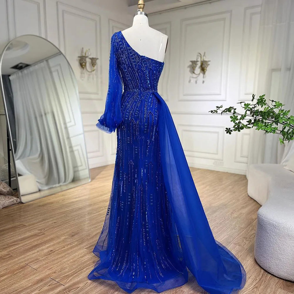 Vestido de noche árabe azul estilo sirena con sobrefalda de cuentas - Vestidos de lujo para bodas 2025 LA72226 