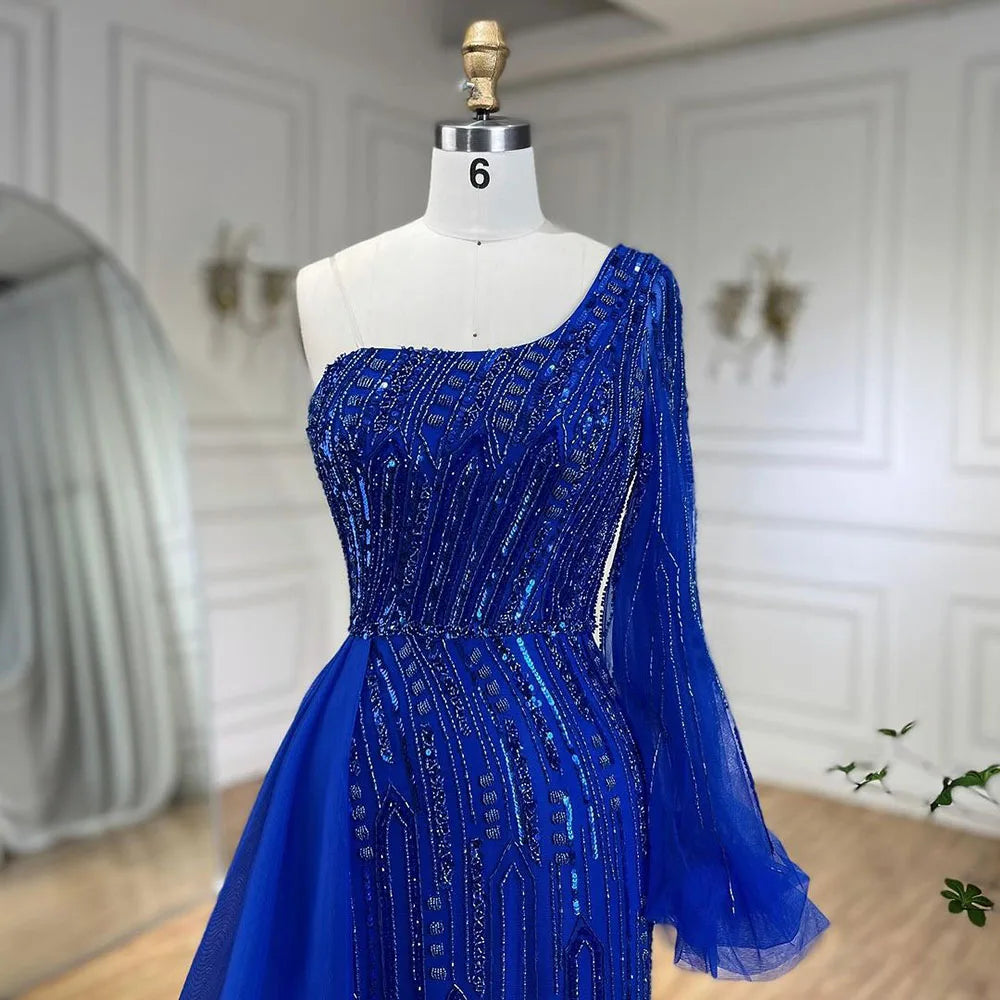 Vestido de noche árabe azul estilo sirena con sobrefalda de cuentas - Vestidos de lujo para bodas 2025 LA72226 