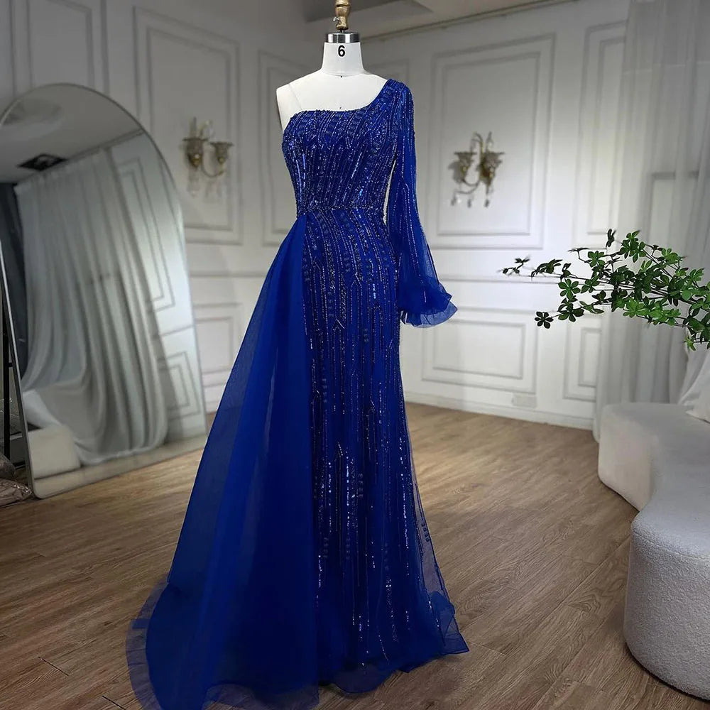 Vestido de noche árabe azul estilo sirena con sobrefalda de cuentas - Vestidos de lujo para bodas 2025 LA72226 