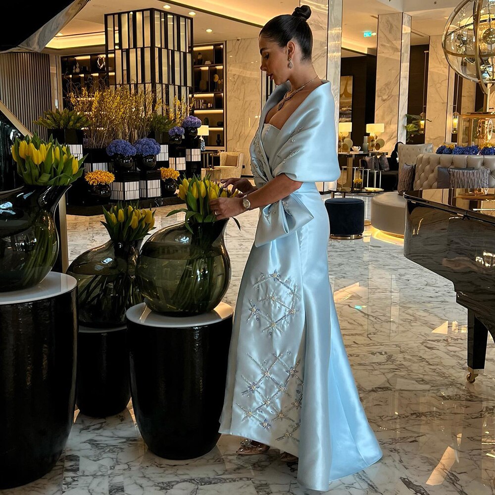Vestidos de noche árabes de sirena, satén, sin tirantes, con chaqueta y cuentas, estilo sirena, para mujer, colección 2025, para bodas y fiestas, LA71895 