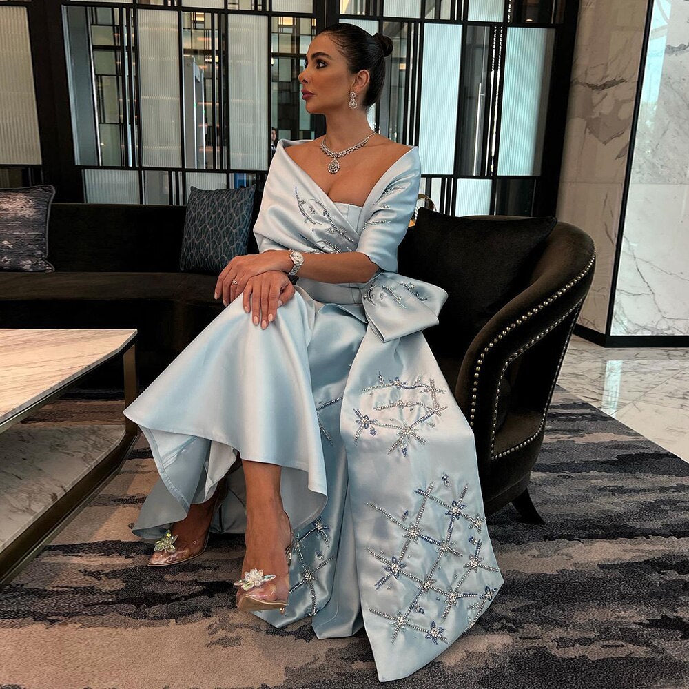 Robe de soirée sirène en satin bleu arabe, sans bretelles, avec veste et perles, pour femme, tenue de mariage, modèle 2025, LA71895 
