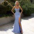 Robe de soirée sirène bleu arabe sexy fendue haute avec perles, luxueuse robe de soirée de Dubaï pour femmes, fête de mariage 2025 LA71981 