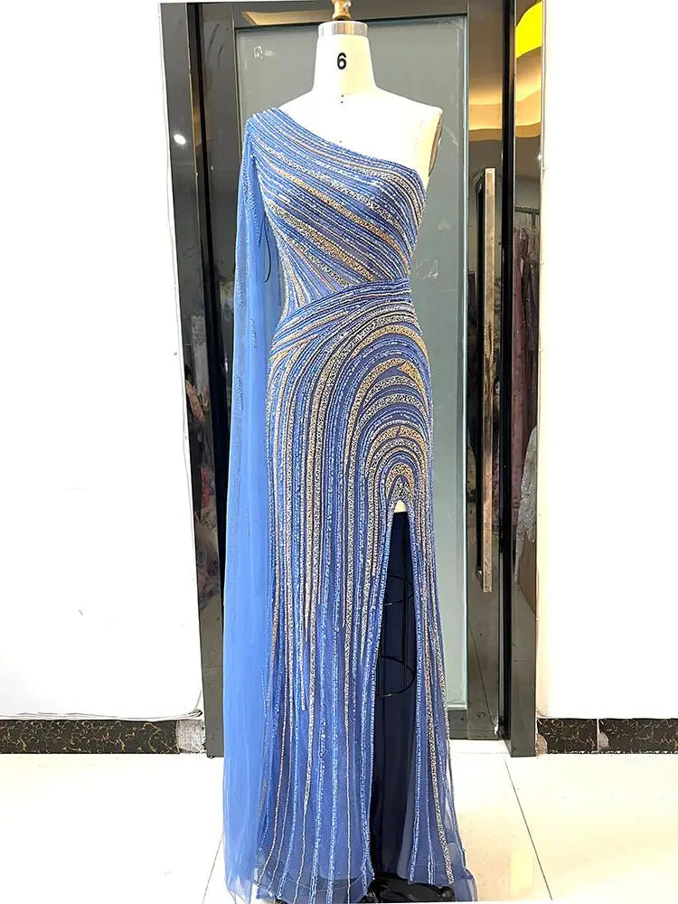 Robe de soirée sirène bleu arabe sexy à manches cape fendues et perles, idéale pour les mariages, collection 2025, LA71933 