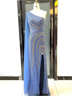 Robe de soirée sirène bleu arabe sexy à manches cape fendues et perles, idéale pour les mariages, collection 2025, LA71933 