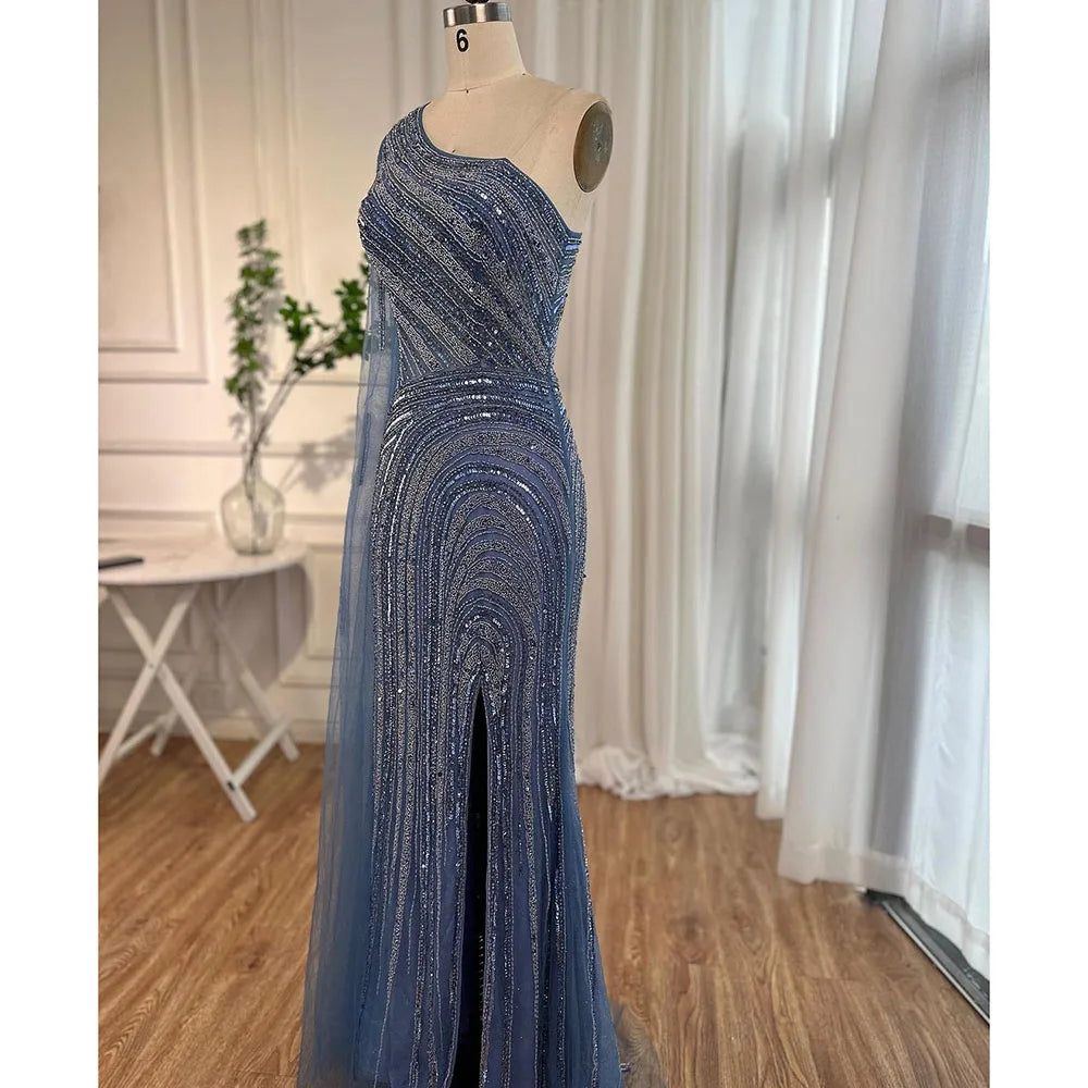 Vestidos de noche estilo sirena azul árabe, sexys, con abertura alta, manga capa y cuentas, para mujer, para bodas y fiestas, 2025, LA71933 