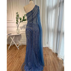 Robe de soirée sirène bleu arabe sexy à manches cape fendues et perles, idéale pour les mariages, collection 2025, LA71933 