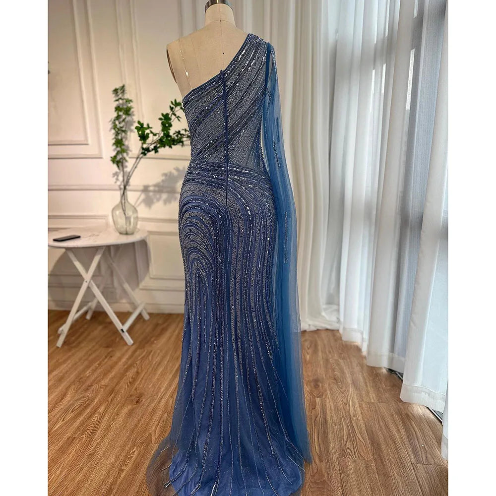 Vestidos de noche estilo sirena azul árabe, sexys, con abertura alta, manga capa y cuentas, para mujer, para bodas y fiestas, 2025, LA71933 