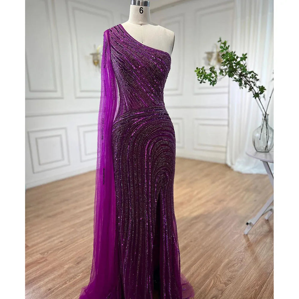 Vestidos de noche estilo sirena azul árabe, sexys, con abertura alta, manga capa y cuentas, para mujer, para bodas y fiestas, 2025, LA71933 