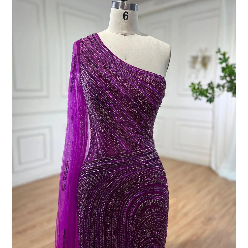 Vestidos de noche estilo sirena azul árabe, sexys, con abertura alta, manga capa y cuentas, para mujer, para bodas y fiestas, 2025, LA71933 
