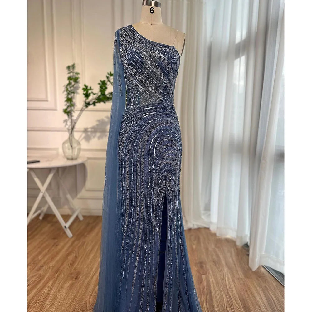 Vestidos de noche estilo sirena azul árabe, sexys, con abertura alta, manga capa y cuentas, para mujer, para bodas y fiestas, 2025, LA71933 