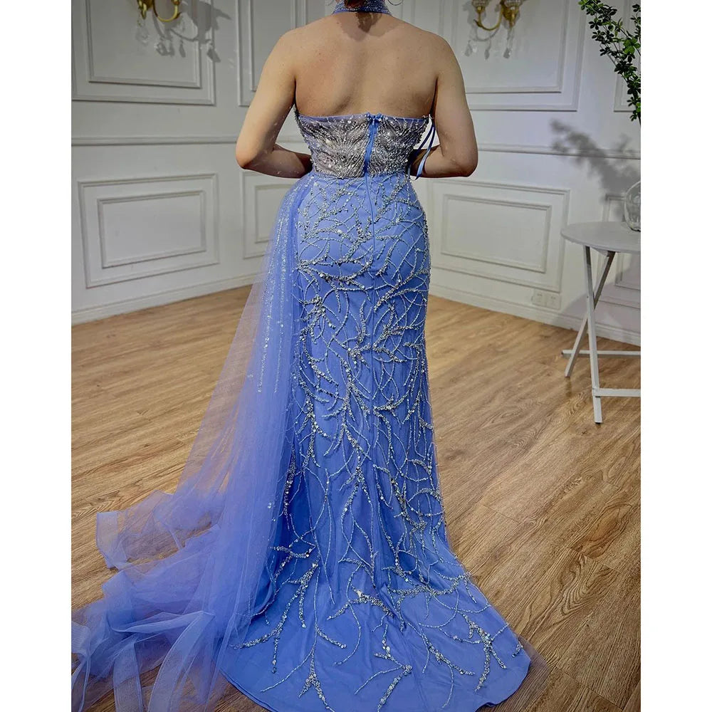 Robe de soirée sirène bleu arabe sans manches, sexy, fendue haute, avec perles, pour femmes, fête de mariage, 2025, LA71980 