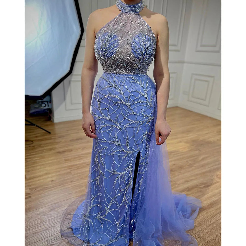 Robe de soirée sirène bleu arabe sans manches, sexy, fendue haute, avec perles, pour femmes, fête de mariage, 2025, LA71980 