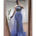 Robe de soirée sirène bleu arabe sans manches, sexy, fendue haute, avec perles, pour femmes, fête de mariage, 2025, LA71980 