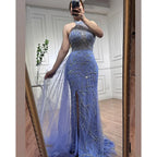 Robe de soirée sirène bleu arabe sans manches, sexy, fendue haute, avec perles, pour femmes, fête de mariage, 2025, LA71980 