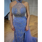 Robe de soirée sirène bleu arabe sans manches, sexy, fendue haute, avec perles, pour femmes, fête de mariage, 2025, LA71980 