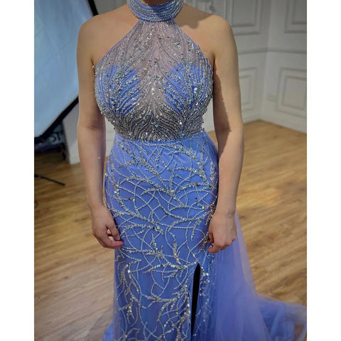 Arabic Blue Mermaid Sleeveless Sexy High Split Beaded Evening Dresses Gowns For Women Wedding Party 2025 LA71980