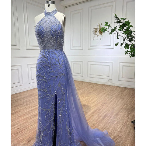 Arabic Blue Mermaid Sleeveless Sexy High Split Beaded Evening Dresses Gowns For Women Wedding Party 2025 LA71980