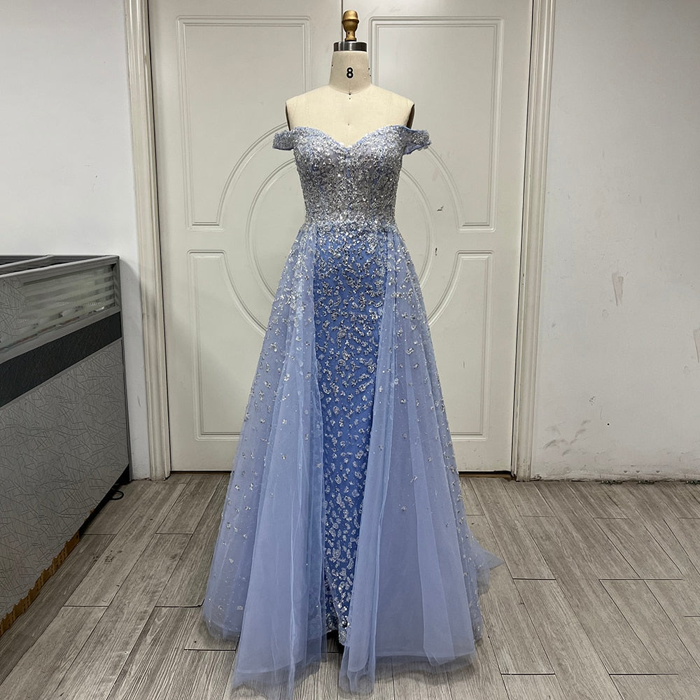 Vestido de noche estilo sirena azul árabe con sobrefalda, escote barco sexy y cuentas, ideal para bodas y fiestas (2025) LA71796A 