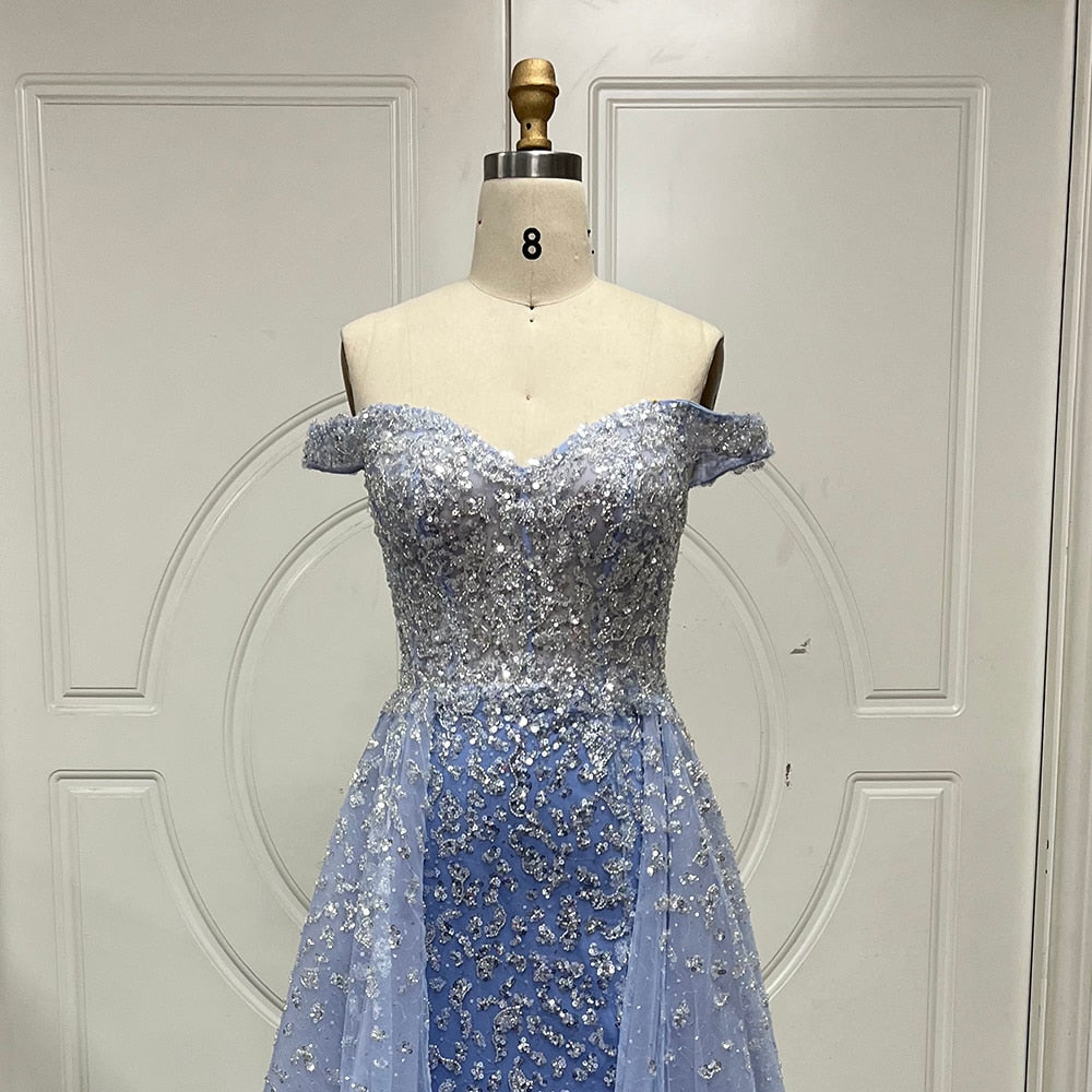 Vestido de noche estilo sirena azul árabe con sobrefalda, escote barco sexy y cuentas, ideal para bodas y fiestas (2025) LA71796A 