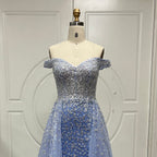 Vestido de noche estilo sirena azul árabe con sobrefalda, escote barco sexy y cuentas, ideal para bodas y fiestas (2025) LA71796A 