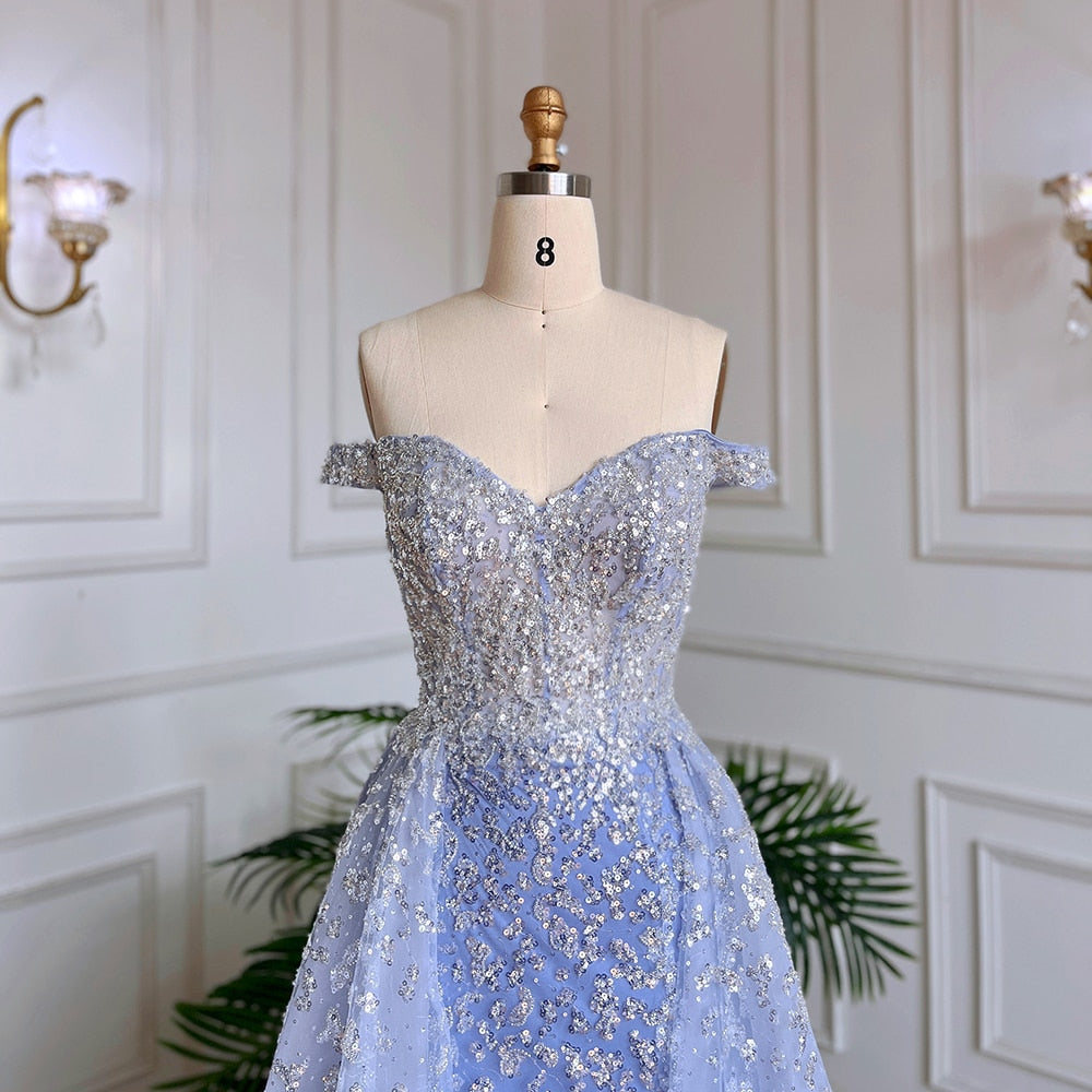 Vestido de noche estilo sirena azul árabe con sobrefalda, escote barco sexy y cuentas, ideal para bodas y fiestas (2025) LA71796A 