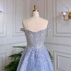 Vestido de noche estilo sirena azul árabe con sobrefalda, escote barco sexy y cuentas, ideal para bodas y fiestas (2025) LA71796A 