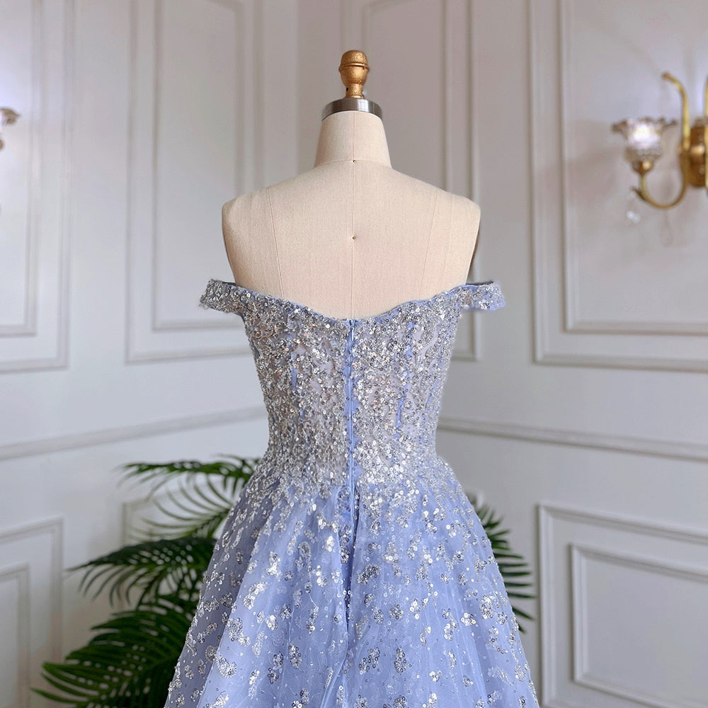 Vestido de noche estilo sirena azul árabe con sobrefalda, escote barco sexy y cuentas, ideal para bodas y fiestas (2025) LA71796A 
