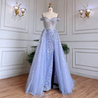 Vestido de noche estilo sirena azul árabe con sobrefalda, escote barco sexy y cuentas, ideal para bodas y fiestas (2025) LA71796A 