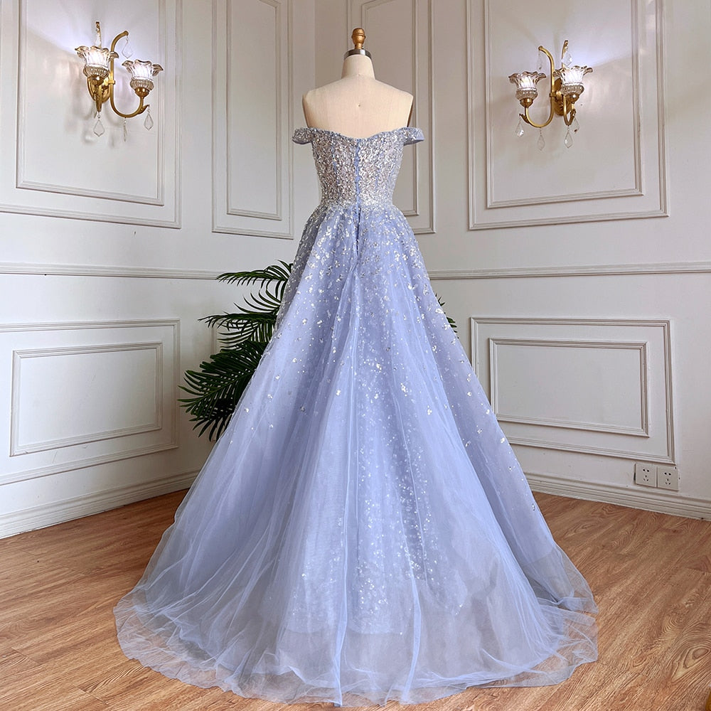 Vestido de noche estilo sirena azul árabe con sobrefalda, escote barco sexy y cuentas, ideal para bodas y fiestas (2025) LA71796A 