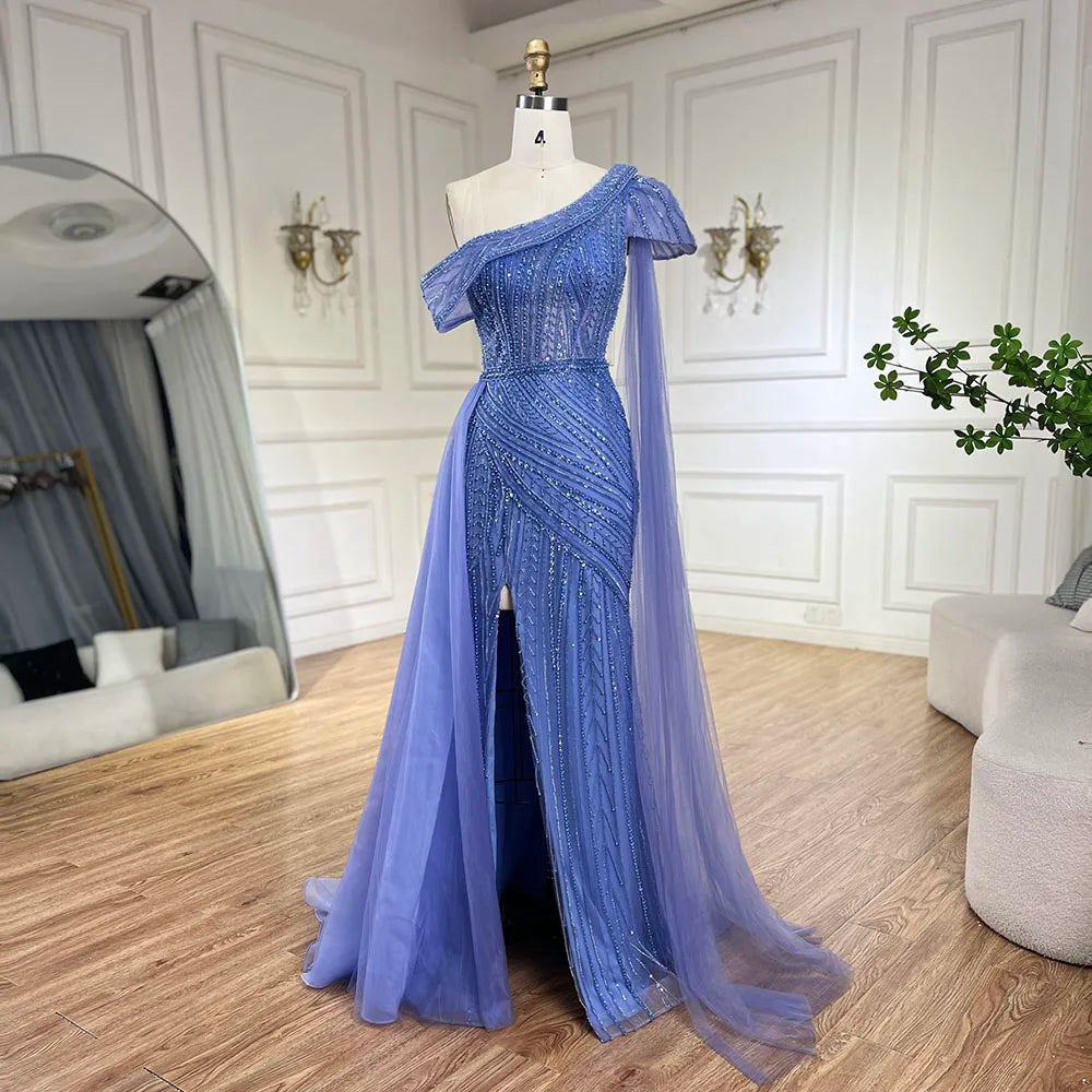 Robe de soirée sirène asymétrique bleu arabe, jaune et jaune, avec perles et fente haute | Mariage 2025 LA72596 