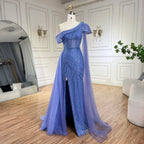 Robe de soirée sirène asymétrique bleu arabe, jaune et jaune, avec perles et fente haute | Mariage 2025 LA72596 