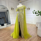 Robe de soirée sirène asymétrique bleu arabe, jaune et jaune, avec perles et fente haute | Mariage 2025 LA72596 