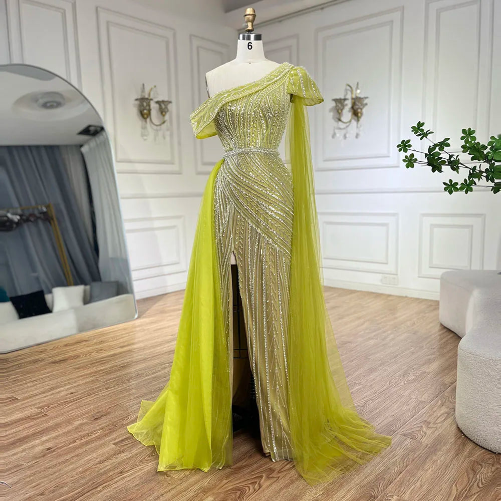 Vestido de noche de sirena con un solo hombro, corte sirena y abertura alta, estilo árabe, azul y amarillo, con cuentas | Boda 2025 LA72596 