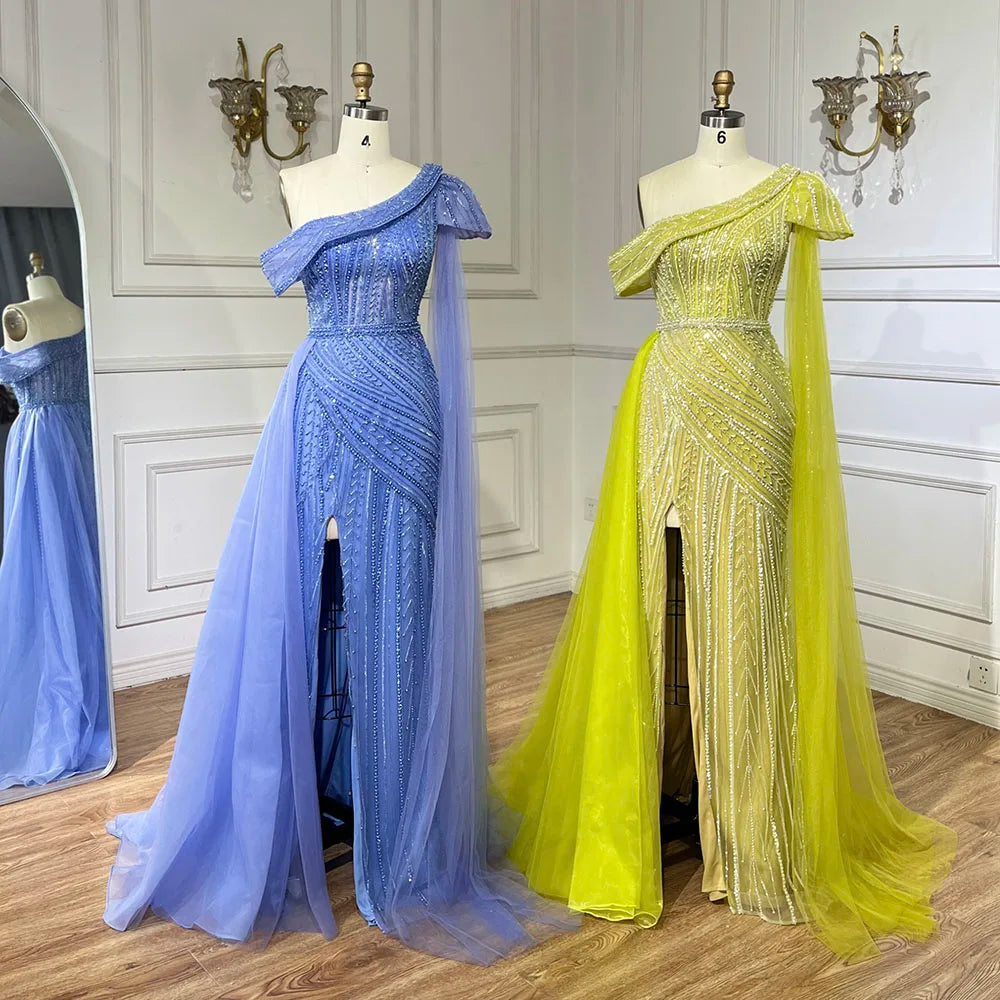 Vestido de noche de sirena con un solo hombro, corte sirena y abertura alta, estilo árabe, azul y amarillo, con cuentas | Boda 2025 LA72596 