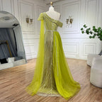 Robe de soirée sirène asymétrique bleu arabe, jaune et jaune, avec perles et fente haute | Mariage 2025 LA72596 