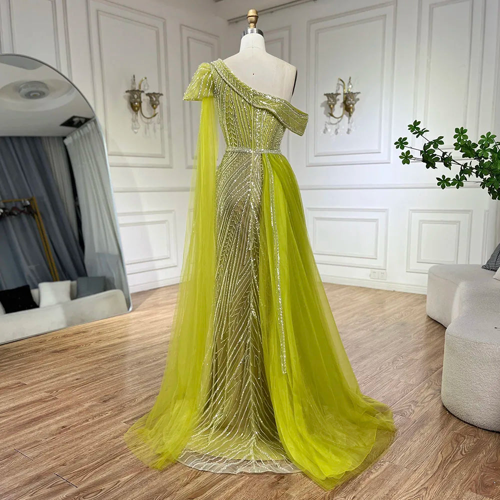 Vestido de noche de sirena con un solo hombro, corte sirena y abertura alta, estilo árabe, azul y amarillo, con cuentas | Boda 2025 LA72596 