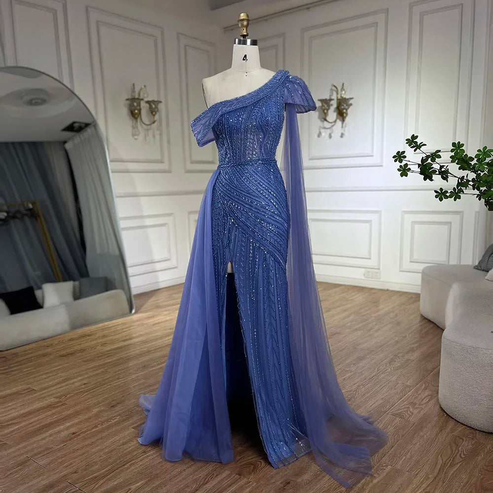 Robe de soirée sirène asymétrique bleu arabe, jaune et jaune, avec perles et fente haute | Mariage 2025 LA72596 