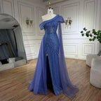 Robe de soirée sirène asymétrique bleu arabe, jaune et jaune, avec perles et fente haute | Mariage 2025 LA72596 