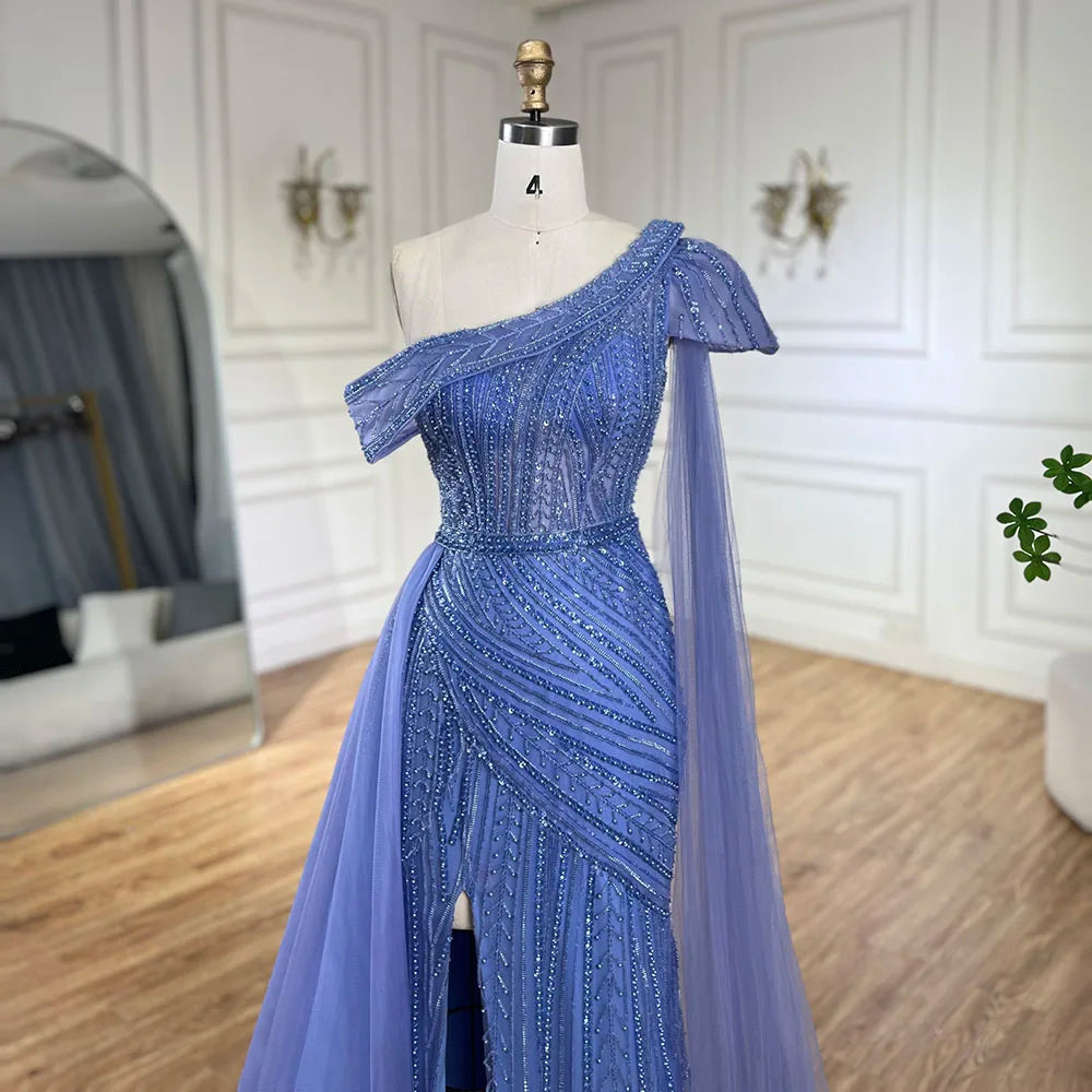 Robe de soirée sirène asymétrique bleu arabe, jaune et jaune, avec perles et fente haute | Mariage 2025 LA72596 