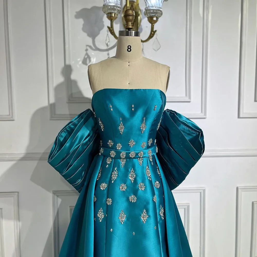 Vestidos de noche estilo sirena, sin tirantes, con mangas abullonadas y bordados con cuentas, corte árabe en satén azul, para mujer, ideales para bodas y fiestas (2025) LA72405 