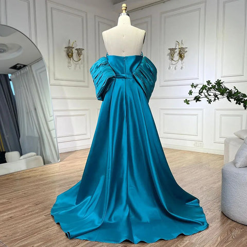 Arabic Blue Satin Mermaid Strapless Puff Sleeves Beaded Evening Dresses Gowns for Women Wedding Party 2025 LA72405