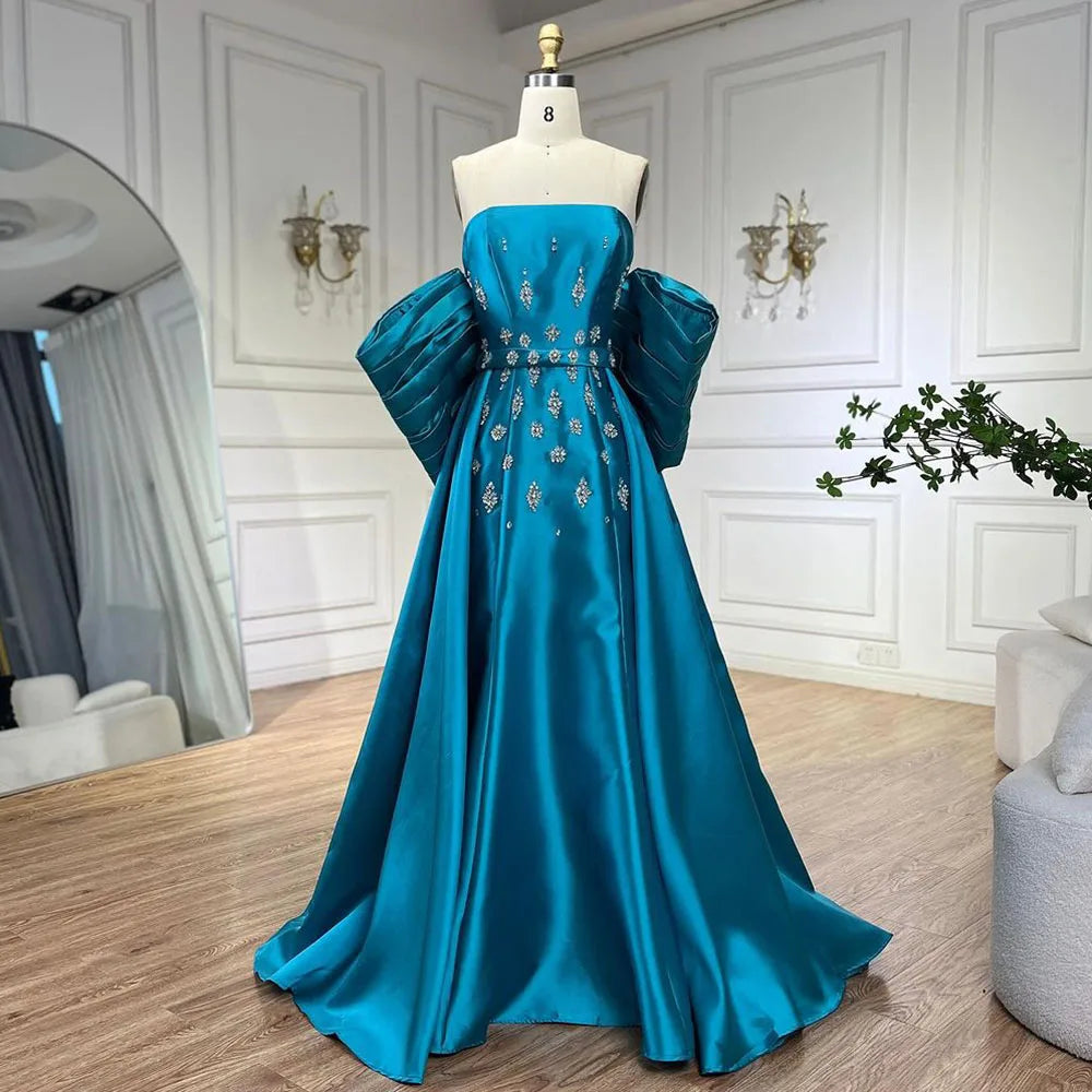 Vestidos de noche estilo sirena, sin tirantes, con mangas abullonadas y bordados con cuentas, corte árabe en satén azul, para mujer, ideales para bodas y fiestas (2025) LA72405 