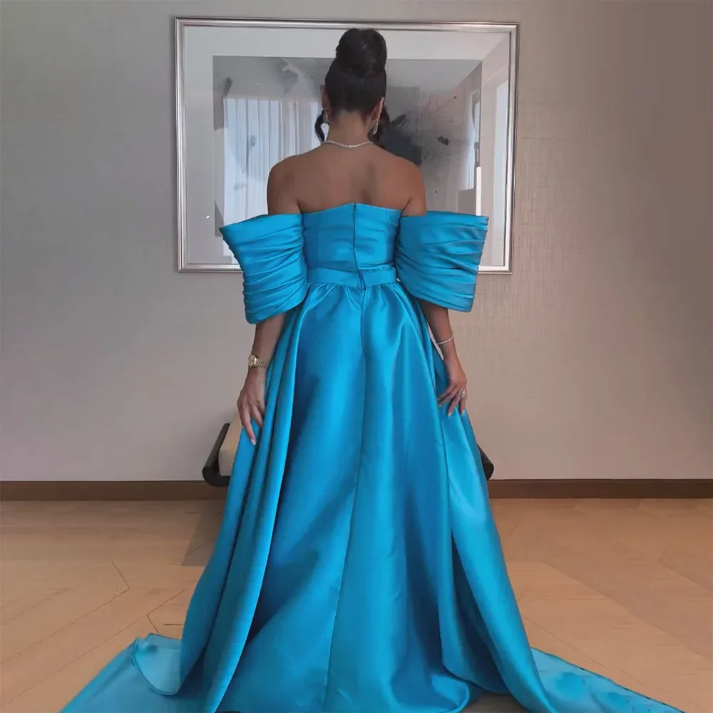 Vestidos de noche estilo sirena, sin tirantes, con mangas abullonadas y bordados con cuentas, corte árabe en satén azul, para mujer, ideales para bodas y fiestas (2025) LA72405 
