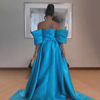 Vestidos de noche estilo sirena, sin tirantes, con mangas abullonadas y bordados con cuentas, corte árabe en satén azul, para mujer, ideales para bodas y fiestas (2025) LA72405 