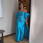Vestidos de noche estilo sirena, sin tirantes, con mangas abullonadas y bordados con cuentas, corte árabe en satén azul, para mujer, ideales para bodas y fiestas (2025) LA72405 