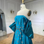 Vestidos de noche estilo sirena, sin tirantes, con mangas abullonadas y bordados con cuentas, corte árabe en satén azul, para mujer, ideales para bodas y fiestas (2025) LA72405 