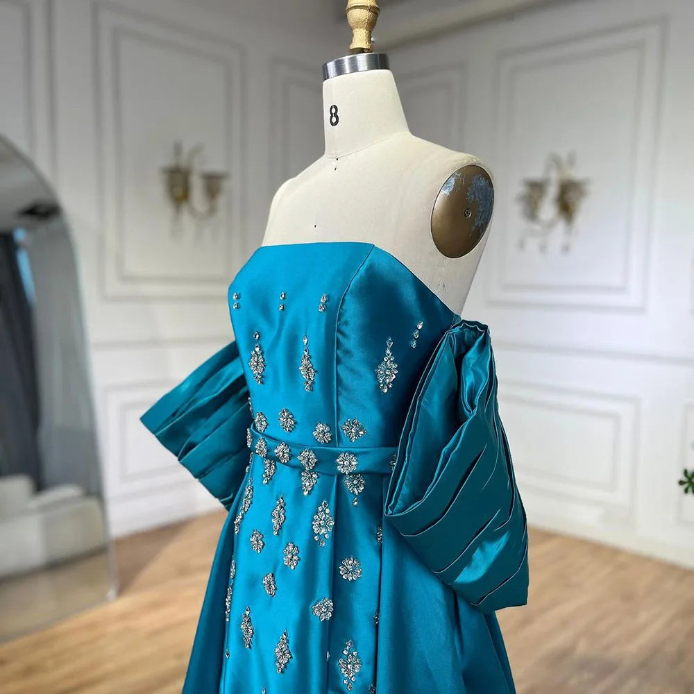 Vestidos de noche estilo sirena, sin tirantes, con mangas abullonadas y bordados con cuentas, corte árabe en satén azul, para mujer, ideales para bodas y fiestas (2025) LA72405 