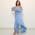 Vestidos de noche de lujo estilo sirena, sexy, azul árabe, con mangas abullonadas y plumas, estilo Dubai, para mujer, ideales para fiestas (LA72080) 