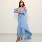 Vestidos de noche de lujo estilo sirena, sexy, azul árabe, con mangas abullonadas y plumas, estilo Dubai, para mujer, ideales para fiestas (LA72080) 